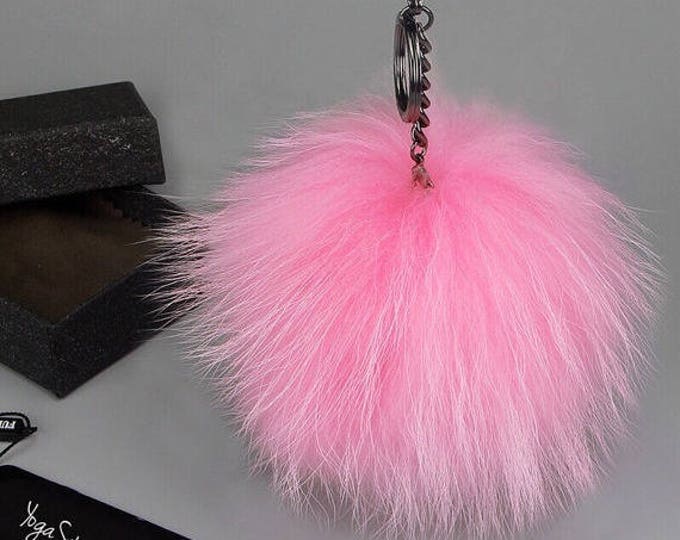 NEW GunMetal™ Pink Color Raccoon Fur Pom Pom bag charm keychain keyring puff fluffy chain