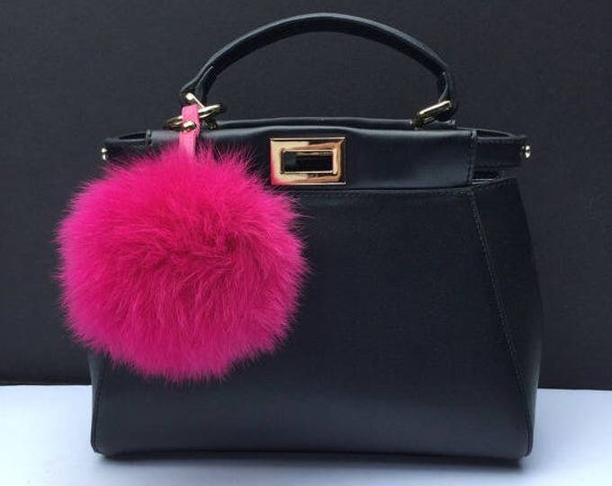Fur bag charm, fur pom pom keychain, fur ballkeyring purse pendant in hot pink