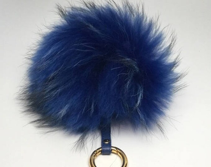 Pom-pom bag charm, fur pom pon keychain purse pendant in ocean blue
