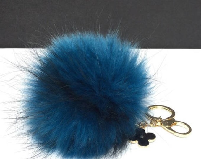 Fur Pom Pom keychain luxury bag charm pendant clover flower keychain keyring in deep ocean blue with natural black strip