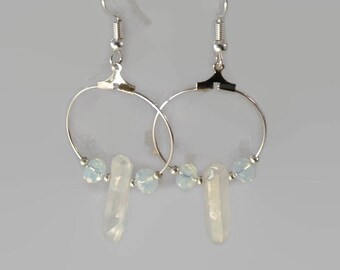 Quartz hoop earrings, quartz earrings, gemstone earrings, titanium coated quartz jewelry, hoop earrings, raw quartz earrings.