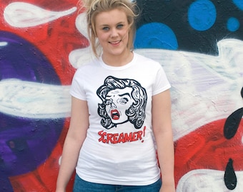 Fun Horror T-shirt, Fun Retro T-shirt, Novelty Halloween T-shirt, Women's Retro T-shirt, Women's White T-shirt, Hand Screenprinted T-shirt
