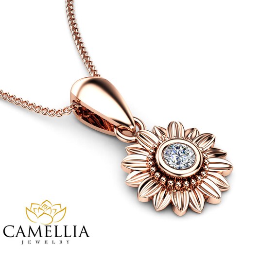 Sunflower Diamond Pendant 14K Rose Gold Bridal Jewelry Nature