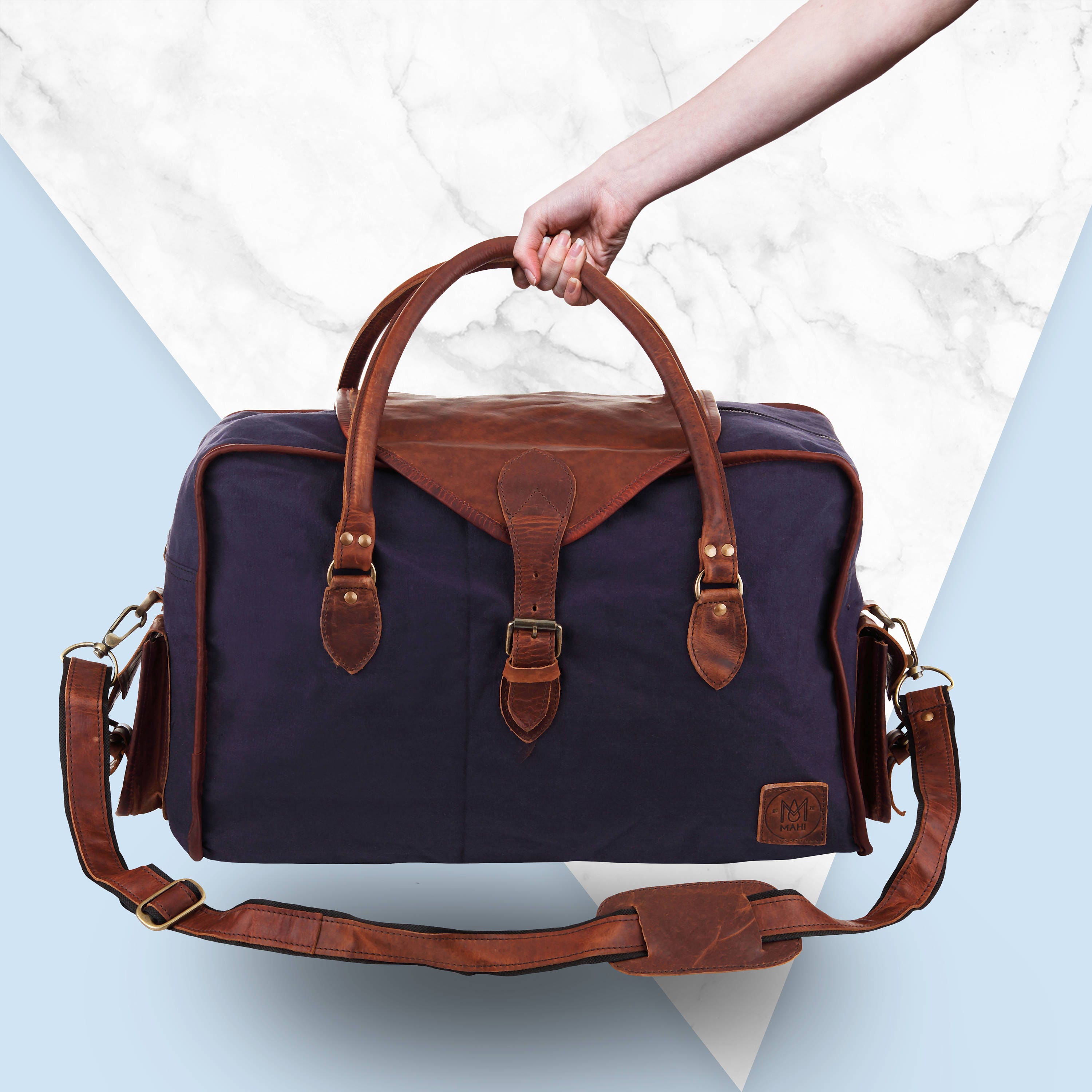 Canvas Leather Weekend Bag Overnight Bag Weekender in navy