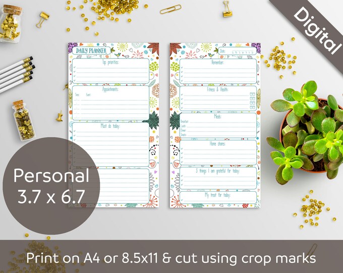 Daily Planner Printable, Printable Daily Schedule, Filofax Personal size, Syasia Cute Floral Day Organizer, DIY Planner PDF Instant Download