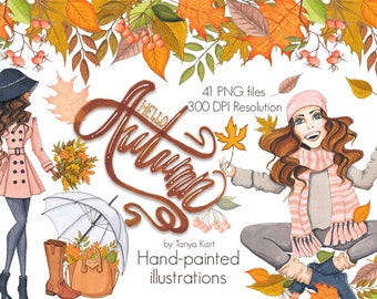Hello Autumn Clipart, Autumn Clipart, Fall Hand-painted clipart, Autumn Girl clipart, Fall leaves , Autumn leaves clipart, Dark Skin Toned