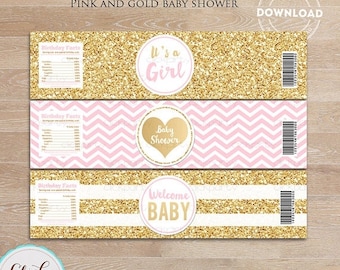 50% OFF SALE Pink and Gold Baby Shower Water Bottle Label, Gold Glitter, bottle wrappers, party supplies, Birthday Party, Instant download