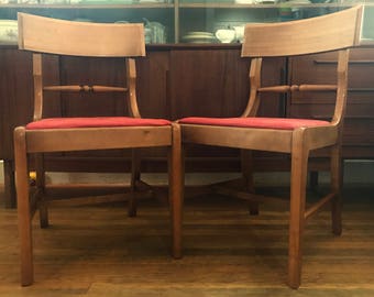 Mid Century Dining Chairs Danish Modern Kitchen Chairs in Blonde Maple Wood Chairs with Upholstered Red and Gold Seats curved back design