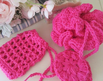 Pink Bath Spa Set, Crochet Bath Pouf, Soap Saver, Facial Scrubbies, Washcloths, Handmade Bath Gift, Housewarming Gift, Bath Accessories