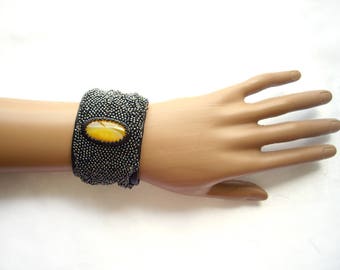 Leather cuff bracelet for women Black leather bracelet Leather embroidered bracelet Original cuff bracelet 3rd anniversary gift Yellow agate