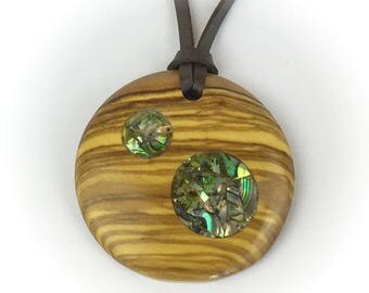Olive Wood Pendant With Abalone shell Inlay, 5th Wedding Anniversary Gifts, Personalised Wooden Jewellery