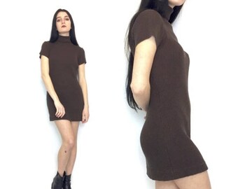 SUMMER SALE Vintage 90s Chocolate Brown Ribbed Short Sleeve Turtle Neck Mini Dress Body Con Size Small