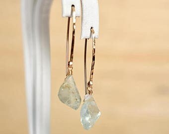 Raw Aquamarine Earrings, Blue Raw Crystal Earrings, March Birthstone Dangle, Rough Gemstone Earrings: 14K Rose Gold Filled, Sterling Silver