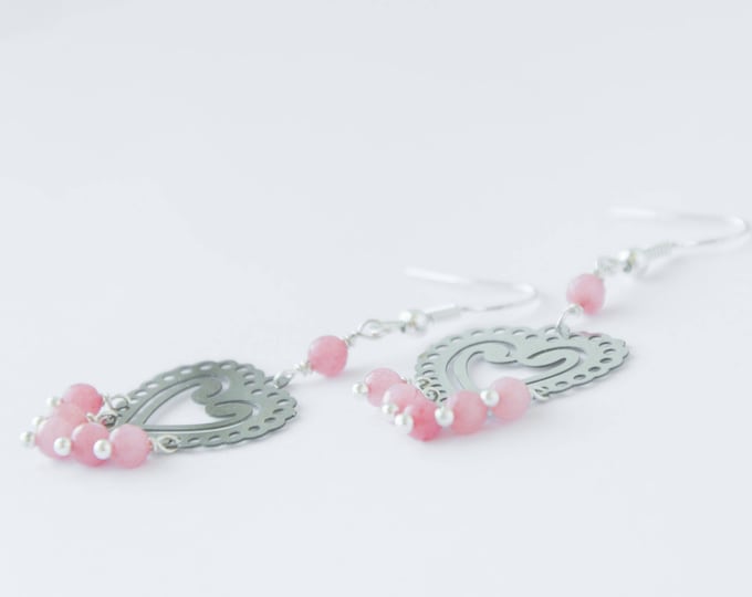 Pink opal earrings, Bridal earrings chandelier, Heart earrings dangle, Small chandelier earrings, Silver tone chandelier earrings