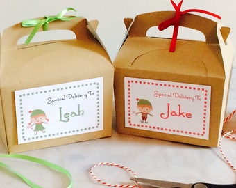 Personalised Christmas Eve Box, Elf Design. Ribbon & matching tissue paper.
