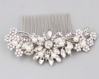 Bridal Hair Comb, Pearl Hair Comb, Wedding Hair Comb, Crystal Hair Comb, Bridal Headpiece, Wedding Hair Accessories, Floral Hair Piece Pin