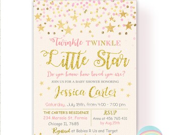 Twinkle Twinkle Little Star Baby Shower Invitation, Pink and Gold Baby Shower Invitation, Girl Baby Shower Invitation, Digital File