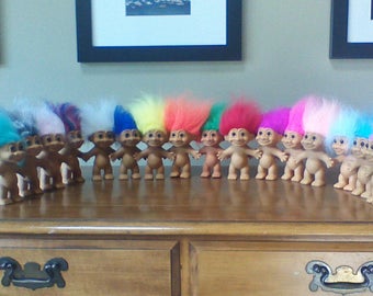 Vintage Russ Troll Dolls, 5" Naked Trolls, Yellow, Orange, Pink, Red, Purple, Green, Blue, Gray, White, Peach, Teal, Rainbow Colored hair