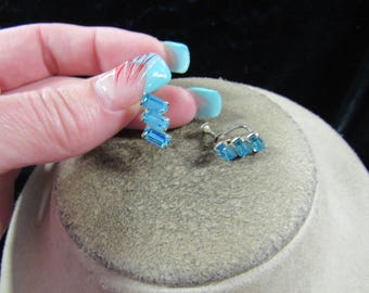 Vintage Pair Baby Blue Rhinestone Screw Back Earrings