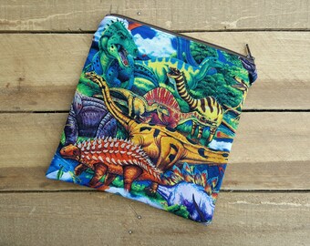 Dinosaur zippered bag, multi purpose wet bag, sandwich snack bag, cosmetic toiletry bag, back to school, momma cloth bag, school lunch