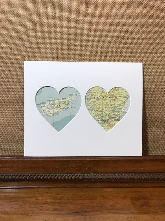 Cyprus and Scotland - Heart Mount Vintage Maps Wall Art - Two Countries Towns Cities - Vintage Atlas Pages - Custom Made To Order