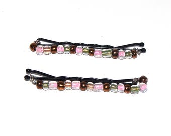 Beaded Bobby Pins - Beaded Jewelry Barrette - Bobby Pins for Flower Girls - Beaded Hair Accessories for Girls - Rose and Gold Hair Pins
