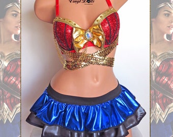Sexy Wonder Woman inspired Rave Costume, Rave Bra, Skirt, Wonder Woman Cosplay EDM Outfit, Super Hero Halloween Rave Festival Wear