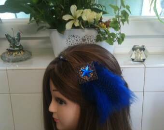 Headband shabby bronze royal blue feather with STAR,natural beads stone Agate/serretete plume bleu roi fantaisie étoile,perles Agate bleu