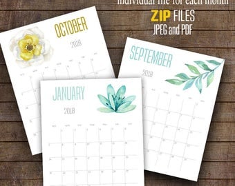 2017 and 2018 Wall Calendar, Printable Watercolor flowers calendar, 8" x 10" Each month, A101