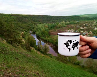 Enamel Travel Mug * Map Design * Camping Cup * Best Fathers Gift * Travel Enamel Cup Mug * World Map Mug