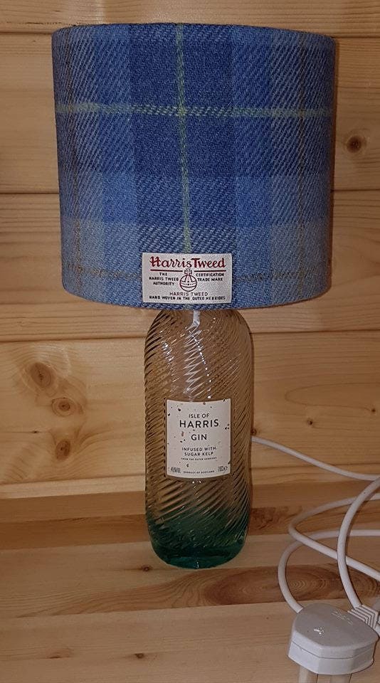 Upcycled Harris Gin Bottle Lamp with Harris Tweed shade Baby