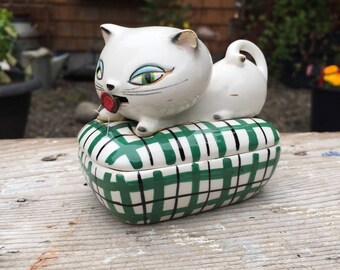 1958 Holt Howard Cozy Kitten Tape Measure & Pin Trinket Box
