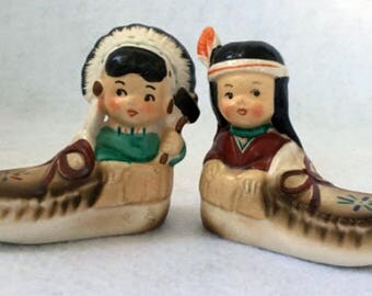 Vintage American Indian Boy and Girl in Moccasins salt and pepper shakers