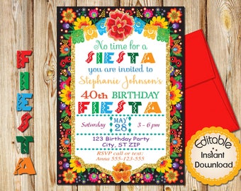 40th Birthday Invitation, Mexican Fiesta Flowers, Gold Glitter, INSTANT download, EDITABLE in Adobe Reader, DIY, Printable, 5"x7"