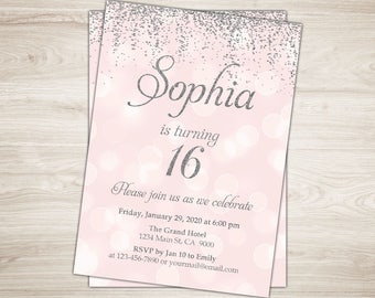 sweet invitation sixteen 16th birthday invite pink silver quinceanera glam glitter