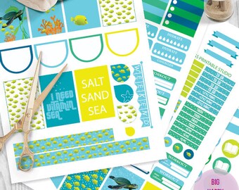 Sea, Turtle and Fish printable planner stickers, Sea Life BIG MAMBI Happy planner, Monthly / Weekly Kit, big happy Instant download