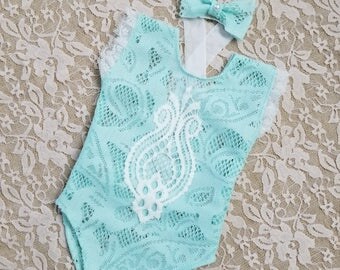 Newborn aqua romper with headband, newborn photo props, newborn onesie, newborn clothes, baby lace romper, baby ballerina, baby clothes
