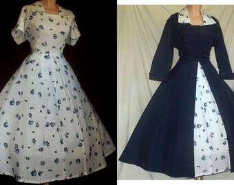 Vintage 1950s New Look Fit and Flare 2 Pc. Floral Print Cotton/Rayon Dress & Navy Blue Faille Cutaway Coat Ensemble
