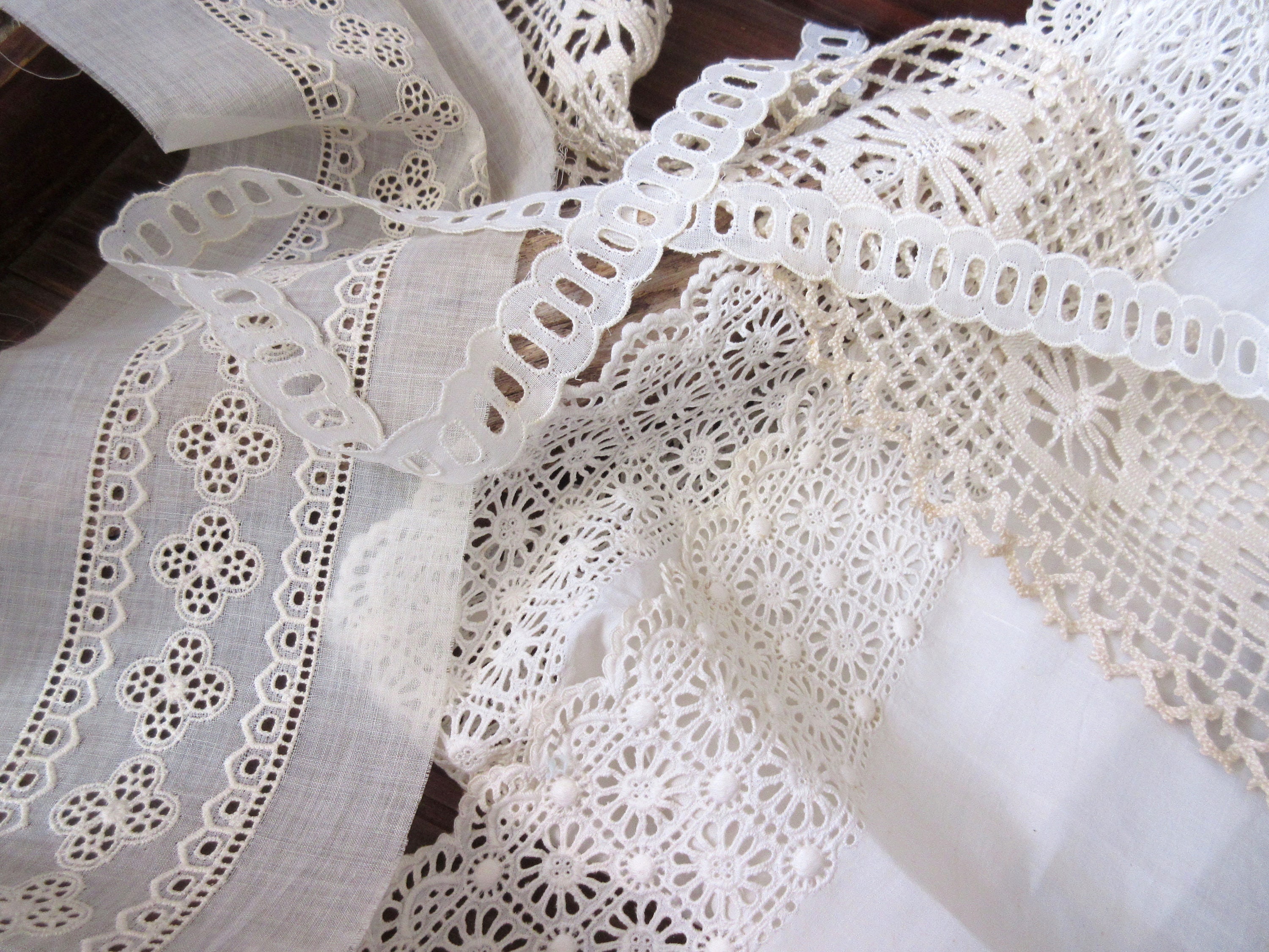 Antique lace lot vintage trim sewing supply trim ivory cotton broderie ...