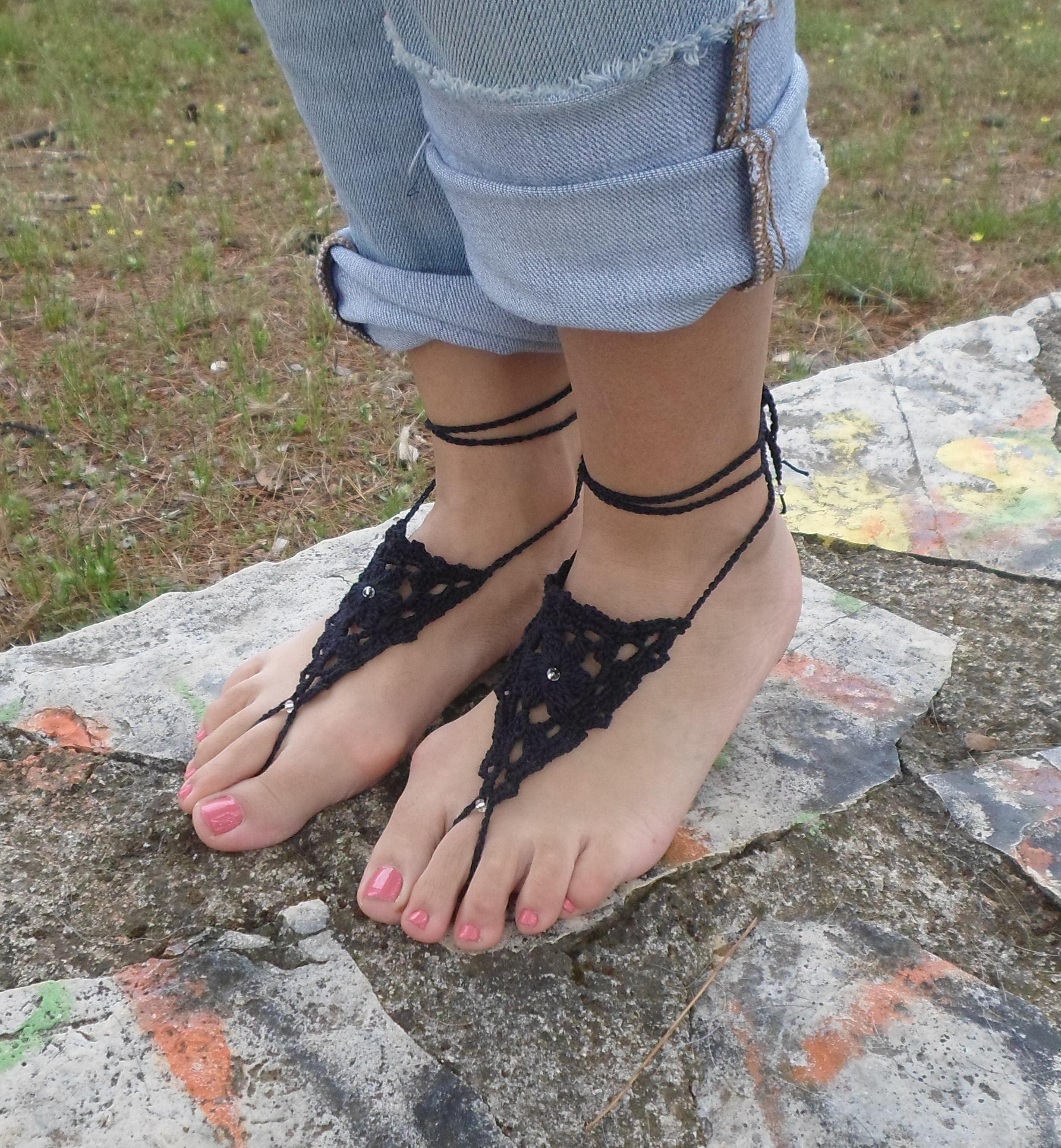 Black Barefoot Sandal Feet thongs Crochet Foot jewelry