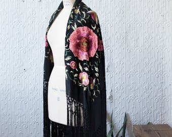 1920s Embroidered Silk Piano Shawl with Hand Knotted Fringe Hem