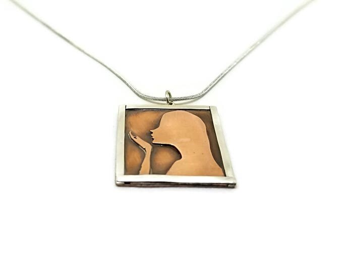 Mixed Metal Silhouette Pendant, Bella Ornamenti Logo Necklace, Copper and Sterling Silver Necklace, Unique Birthday Gift, One of a Kind