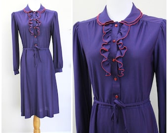 Vintage 70's Sheer Navy Blue Red Pin Stripe Dress with Front Ruffles