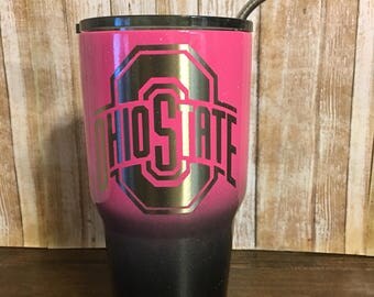 Ohio state university tumbler,pink,powder coated tumbler,personalized tumbler,custom yeti,ohio state decal,glitter dip, cutom ozark