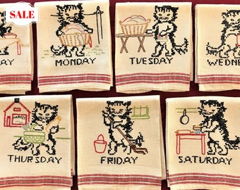 Vintage 7 Day Week Embroidered Kitchen Towel Pure Linen, Vintage Seven Day of Week Towels, Kitchen Towels, 7 Linen Kitchen Tea Towels