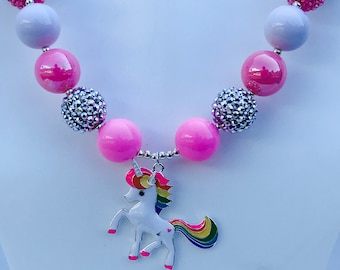 Unicorn Chunky Bubblegum Beaded Necklace, Unicorn Chunky Necklace, Unicorn Bubblegum Necklace, Unicorn Beaded Chunky Necklace, Unicorn Beads
