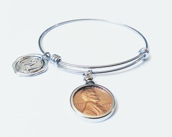 18th Birthday Gift 1999 US Penny Bracelet Expandable Bangle with initial charm Coin Jewelry