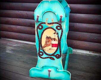Custom saddle stand, barrel racer saddle rack, antiqued turquoise, custom painted sorrel horse hand tied leather, conchos, western decor