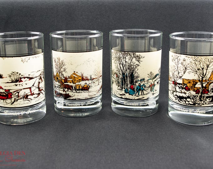 Classic Currier & Ives Wintertime Scenes Glass Set | Vintage Arbys Old Fashioned Glasses | 12 Oz Winter Glasses - Set Of 4
