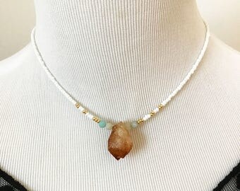 Raw citrine necklace, raw citrine choker, gemstone necklace, citrine necklace, citrine choker, gemstone choker, chakra choker, amazonite